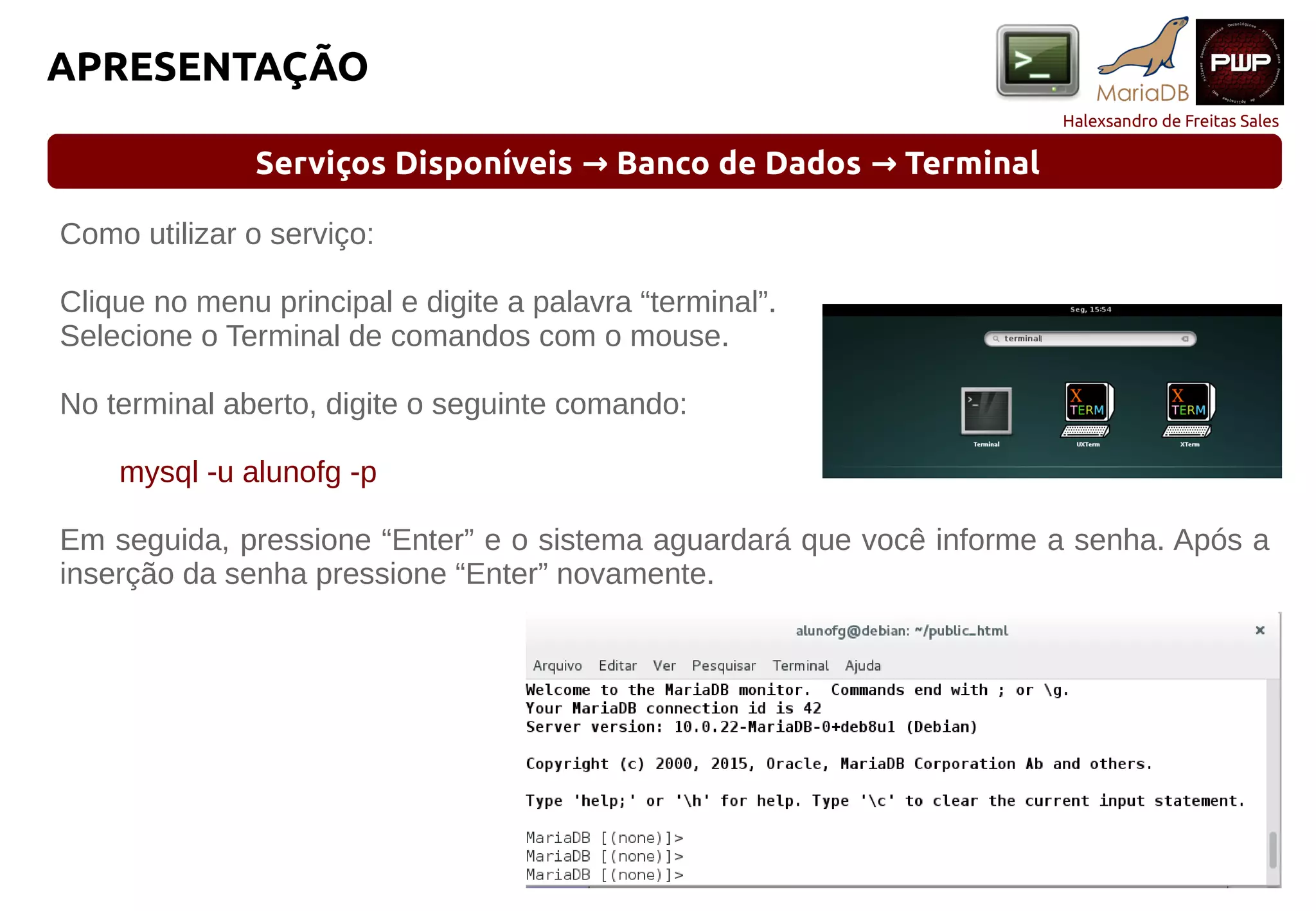 Halexsandro de Freitas Sales
APRESENTAÇÃO
Serviços Disponíveis Banco de Dados Terminal→ →
Como utilizar o serviço:
Clique no menu principal e digite a palavra “terminal”.
Selecione o Terminal de comandos com o mouse.
No terminal aberto, digite o seguinte comando:
mysql -u alunofg -p
Em seguida, pressione “Enter” e o sistema aguardará que você informe a senha. Após a
inserção da senha pressione “Enter” novamente.
 