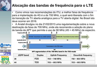 Alocação das bandas de frequência para o LTE
• Como vimos nas recomendações do ITU, a melhor faixa de frequência
para a implantação do 4G é a de 700 MHz, o qual será liberada com o fim
da transição da TV aberta analógica para a TV aberta digital. No Brasil isto
deve ocorrer em 2016.
• A Anatel divulgou no dia 21/02/2013 uma regulamentação sobre a nova
destinação da faixa de 700 MHz, onde ela recomenda a adoção do plano
de banda da APT que permite o uso de 90 MHz (45 + 45 MHz) de espectro.

3GPP band

Duplex

Uplink Frequency

Downlink frequency

28

FDD

703 – 748 MHz

758 – 803 MHz

44

TDD

703 – 803 MHz

703 – 803 MHz

 