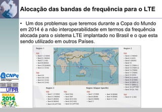 Alocação das bandas de frequência para o LTE
• Um dos problemas que teremos durante a Copa do Mundo
em 2014 é a não interoperabilidade em termos da frequência
alocada para o sistema LTE implantado no Brasil e o que esta
sendo utilizado em outros Países.

 