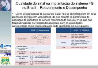 Qualidade do sinal na implantação do sistema 4G
no Brasil – Requerimento e Desempenho
• Como as operadoras de celular do Brasil não se comprometem em seus
planos de serviço com velocidades, de que adianta os parâmetros de
aceitação da qualidade de serviço recomendado pelo 3GPP, já que não
foram divulgadas as velocidades medidas, nem as velocidades
consideradas como contratadas por cada operadora em seus planos.

 