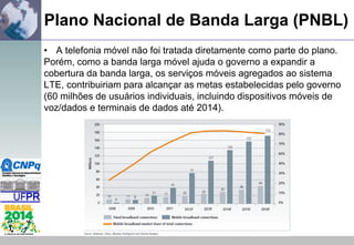 Plano Nacional de Banda Larga (PNBL)
• A telefonia móvel não foi tratada diretamente como parte do plano.
Porém, como a banda larga móvel ajuda o governo a expandir a
cobertura da banda larga, os serviços móveis agregados ao sistema
LTE, contribuiriam para alcançar as metas estabelecidas pelo governo
(60 milhões de usuários individuais, incluindo dispositivos móveis de
voz/dados e terminais de dados até 2014).

 