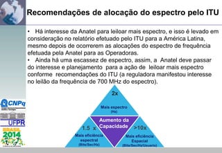 Recomendações de alocação do espectro pelo ITU
• Há interesse da Anatel para leiloar mais espectro, e isso é levado em
consideração no relatório efetuado pelo ITU para a América Latina,
mesmo depois de ocorrerem as alocações do espectro de frequência
efetuada pela Anatel para as Operadoras.
• Ainda há uma escassez de espectro, assim, a Anatel deve passar
do interesse e planejamento para a ação de leiloar mais espectro
conforme recomendações do ITU (a reguladora manifestou interesse
no leilão da frequência de 700 MHz do espectro).
2x
Mais espectro
(Hz)

Aumento da
1.5 x Capacidade >10x
Mais eficiência
espectral

Mais eficiência
Espacial

(Bits/Sec/Hz)

(Bits/Sec/Hz/Usuario)

 