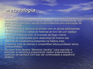metodologiametodologia
• MetodologiasMetodologias••
• Apresentação do projeto a equipe gestora, aos coordenadores, aosApresentação do projeto a equipe gestora, aos coordenadores, aos
professores regentes e equipe multiprofissional para articulação deprofessores regentes e equipe multiprofissional para articulação de
idéias e ações;idéias e ações;
• •• Apresentação e abertura do projeto com os alunos participantes;Apresentação e abertura do projeto com os alunos participantes;  
• Exibição de DVD e vídeos de histórias do livro lido por capitulo.Exibição de DVD e vídeos de histórias do livro lido por capitulo.
• Leitura de textos do livro A Invenção de Hugo Cabret .Leitura de textos do livro A Invenção de Hugo Cabret .
• Atividade de Ilustrações (com desenhos) da história lida.Atividade de Ilustrações (com desenhos) da história lida.
• Estudos de vocabulários presentes na história lidas.Estudos de vocabulários presentes na história lidas.
• Dinamizar roda de leituras e compartilhar leitura,professor aluno,Dinamizar roda de leituras e compartilhar leitura,professor aluno,
aluno professor.aluno professor.
• Escrever ficha literária “Memória Literária’” para exercitar eEscrever ficha literária “Memória Literária’” para exercitar e
estimular a memória e proporcionar melhor entendimento eestimular a memória e proporcionar melhor entendimento e
exercício de escrita.E com isso dar continuidade a seqüênciaexercício de escrita.E com isso dar continuidade a seqüência
didática.didática.
 