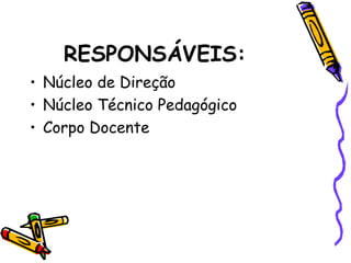 RESPONSÁVEIS:
• Núcleo de Direção
• Núcleo Técnico Pedagógico
• Corpo Docente
 