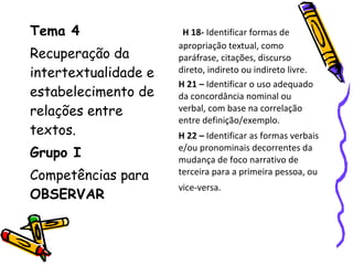 Tema 4
Recuperação da
intertextualidade e
estabelecimento de
relações entre
textos.
Grupo I
Competências para
OBSERVAR
H 18- Identificar formas de
apropriação textual, como
paráfrase, citações, discurso
direto, indireto ou indireto livre.
H 21 – Identificar o uso adequado
da concordância nominal ou
verbal, com base na correlação
entre definição/exemplo.
H 22 – Identificar as formas verbais
e/ou pronominais decorrentes da
mudança de foco narrativo de
terceira para a primeira pessoa, ou
vice-versa.
 