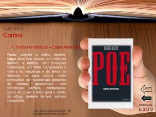 Poeta, contista e crítico literário,
Edgar Allan Poe nasceu, em 1809 em
Boston, e morreu, em condições
misteriosas, em 1849. Considerado o
mestre do suspense e do terror na
literatura, os seus contos, muito
apreciados por sucessivas gerações
de leitores, apresentam uma
construção perfeita, condensada,
capaz de puxar o leitor para o centro
da intriga, sempre terrível, sempre
inesperada.
Género
Contos
biblioteca
E S D S
 Contos fantásticos – Edgar Allan Poe
Texto retirado do manual Plural - 10º
ano/destacável Projeto de Leitura
géneros
autores
 