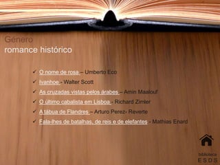 Género
romance histórico
 O nome de rosa – Umberto Eco
 Ivanhoe - Walter Scott
 As cruzadas vistas pelos árabes – Amin Maalouf
 O último cabalista em Lisboa - Richard Zimler
 A tábua de Flandres – Arturo Perez- Reverte
 Fala-lhes de batalhas, de reis e de elefantes - Mathias Enard
biblioteca
E S D S
 
