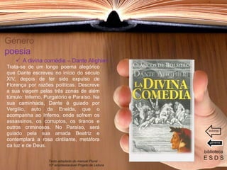 Género
poesia
Trata-se de um longo poema alegórico
que Dante escreveu no início do século
XIV, depois de ter sido expulso de
Florença por razões políticas. Descreve
a sua viagem pelas três zonas de além
túmulo: Inferno, Purgatório e Paraíso. Na
sua caminhada, Dante é guiado por
Vergílio, auto da Eneida, que o
acompanha ao Inferno, onde sofrem os
assassinos, os corruptos, os tiranos e
outros criminosos. No Paraíso, será
guiado pela sua amada Beatriz e
contemplará a rosa cintilante, metáfora
da luz e de Deus.
biblioteca
E S D S
 A divina comédia – Dante Alighieri
Texto adaptado do manual Plural -
10º ano/destacável Projeto de Leitura
géneros
autores
 