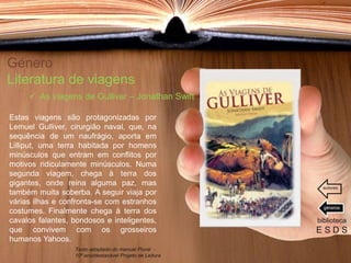 Género
Literatura de viagens
Estas viagens são protagonizadas por
Lemuel Gulliver, cirurgião naval, que, na
sequência de um naufrágio, aporta em
Lilliput, uma terra habitada por homens
minúsculos que entram em conflitos por
motivos ridiculamente minúsculos. Numa
segunda viagem, chega à terra dos
gigantes, onde reina alguma paz, mas
também muita soberba. A seguir viaja por
várias ilhas e confronta-se com estranhos
costumes. Finalmente chega à terra dos
cavalos falantes, bondosos e inteligentes,
que convivem com os grosseiros
humanos Yahoos.
biblioteca
E S D S
 As viagens de Gulliver – Jonathan Swift
Texto adaptado do manual Plural -
10º ano/destacável Projeto de Leitura
géneros
autores
 