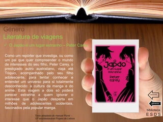 Género
Literatura de viagens
Como um repórter que investiga, ou como
um pai que quer compreender o mundo
de interesses do seu filho, Peter Carey, o
prestigiado autro australiano, viaja até
Tóquio, acompanhado pelo seu filho
adolescente, para tentar conhecer e
entender um universo para si totalmente
desconhecido: a cultura da manga e do
anime. Esta viagem a dois só poderá
parecer estranha a quem ignorar o
interesse que o Japão desperta em
milhões de adolescentes ocidentais,
fascinados pela popular manga.
biblioteca
E S D S
 O Japão é um lugar estranho – Peter Carey
Texto adaptado do manual Plural -
10º ano/destacável Projeto de Leitura
géneros
autores
 