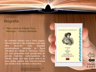 Género
Biografia
 Vida e obra do Infante Dom
Henrique – Vitorino Nemésio
Ao contrário daquilo que o título sugere,
Vitorino Nemésio não pretendeu com esta
obra escrever uma biografia
exclusivamente centrada na figura
individual do Infante D. Henrique. Optou
por uma perspetiva mais globalizante do
período histórico contemporâneo do
Infante, ainda que seja sobre este e as
suas ações ligadas aos Descobrimentos
que incide o foco narrativo e descritivo. biblioteca
E S D STexto retirado do manual Plural - 10º
ano/destacável Projeto de Leitura
géneros
autores
 