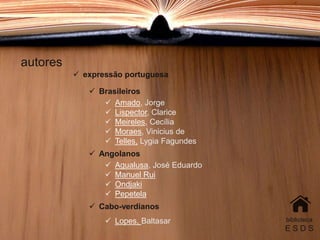 autores
biblioteca
E S D S
 expressão portuguesa
 Brasileiros
 Amado, Jorge
 Lispector, Clarice
 Meireles, Cecília
 Moraes, Vinicius de
 Telles, Lygia Fagundes
 Angolanos
 Agualusa, José Eduardo
 Manuel Rui
 Ondjaki
 Pepetela
 Cabo-verdianos
 Lopes, Baltasar
 