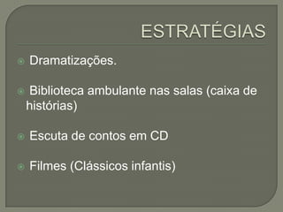


Dramatizações.
Biblioteca ambulante nas salas (caixa de
histórias)



Escuta de contos em CD



Filmes (Clássicos infantis)

 