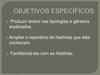 

Produzir textos nas tipologias e gêneros
explorados.

 Ampliar

o repertório de histórias que elas
conhecem.



Familiarizá-las com as histórias.

 