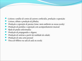 ·Leitura e análise de contos de autores conhecidos, produção e exposição;
·Leitura, debate e produção de fábulas;
·Produção e exposição de poesias (tema :meio ambiente ou nossa escola);
·Produção de paródias e exposição com acompanhamento musical;
·Roda de piadas selecionadas;
·Produção de propagandas e slogans;
·Produção de notícias a partir da realidade da cidade;
·Produção de uma carta pessoal;
·Troca de bilhetes na sala de aula ou escola;
 