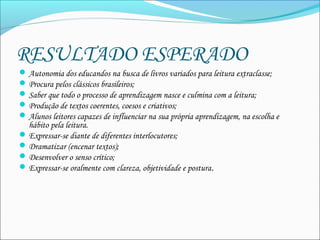 RESULTADO ESPERADO
Autonomia dos educandos na busca de livros variados para leitura extraclasse;
Procura pelos clássicos brasileiros;
Saber que todo o processo de aprendizagem nasce e culmina com a leitura;
Produção de textos coerentes, coesos e criativos;
Alunos leitores capazes de influenciar na sua própria aprendizagem, na escolha e
hábito pela leitura.
Expressar-se diante de diferentes interlocutores;
Dramatizar (encenar textos);
Desenvolver o senso crítico;
Expressar-se oralmente com clareza, objetividade e postura. 
 