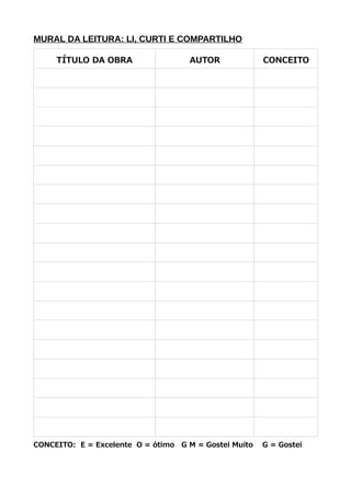 MURAL DA LEITURA: LI, CURTI E COMPARTILHO
TÍTULO DA OBRA AUTOR CONCEITO
CONCEITO: E = Excelente O = ótimo G M = Gostei Muito G = Gostei
 