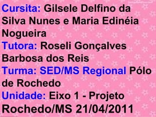 Cursita:  Gilsele Delfino da Silva Nunes e Maria Edinéia Nogueira Tutora:  Roseli Gonçalves Barbosa dos Reis Turma: SED/MS Regional  Pólo de Rochedo Unidade:  Eixo 1 - Projeto Rochedo/MS 21/04/2011 