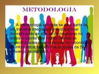 METODOLOGIA

     A metodologia aplicada se dá a partir de
um trabalho integrado e interdisciplinar
diversificando as etapas de progresso na
leitura e escrita que melhor atenda as
especificidades do ano escolar no laboratório
de informática, calcado na proposta da SME
e Avanço tecnológico.
 