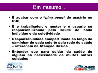 É acabar com o “ ping pong”  do usuário no SUS É o trabalhador, o gestor e o usuário se responsabilizando pela saúde de cada indivíduo e da coletividade Responsabilidade compartilhada ao longo do caminhar de cada sujeito pela rede de saúde – referência na Atenção Básica Entender que para cuidar da saúde de alguém há necessidade de muitos outros cuidados Em resumo… 