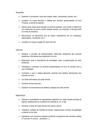 Geografia:


Explorar e conceituar o que são mapas, atlas, continentes, países, etc.;



Localizar no mapa Mundial o habitat dos animais apresentados no livro
“Viviana, a rainha do pijama”;



Utilizar esse mapa para estudar os pontos cardeais, sua função e relacionar
um continente ao outro a partir desses pontos, por exemplo, a Europa está
ao norte da Oceania;



Reconhecer os elementos que se fazem necessários em um endereço:
(destinatário, remetente, etc.);



Localizar no mapa a região do autor do livro.

Ciências:


Explorar o conceito de biodiversidade, diferentes ambientes dos animais
aquáticos e terrestres que aparecem no livro;



Relacionar qual a importância da reciclagem para a preservação do meio
ambiente;



Classificar e conhecer os animais apresentados no livro de acordo com a
sua morfologia;



Conhecer o que é cadeia alimentar partindo dos hábitos alimentares dos
animais do livro;



Ler texto informativo de cada animal;



Construir fichas técnicas;



Explorar os mecanismos de defesa e ataque de cada animal.

Matemática:


Calcular a quantidade de ingredientes utilizados em cada receita da festa do
pijama, destacando as unidades de medidas g, ml, l e Kg.



Construir a ficha de cada animal com peso e altura;



Trabalhar unidade de medida de tempo, pesquisando o tempo de gestação
e depois os de vida;



Classificar com números ordinais conforme a sequência dos animais citados
(1º animal, 2º animal... penúltimo...);

 