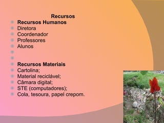 Recursos  Recursos Humanos Diretora Coordenador Professores  Alunos     Recursos Materiais Cartolina; Material reciclável; Câmara digital; STE (computadores); Cola, tesoura, papel crepom. 