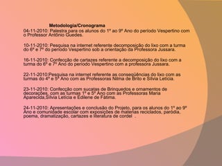    Metodologia/Cronograma 04-11-2010: Palestra para os alunos do 1º ao 9º Ano do período Vespertino com o Professor Antônio Guedes. 10-11-2010: Pesquisa na internet referente decomposição do lixo com a turma do 6º e 7º do período Vespertino sob a orientação da Professora Jussara. 16-11-2010: Confecção de cartazes referente a decomposição do lixo com a turma do 6º e 7º Ano do período Vespertino com a professora Jussara. 22-11-2010:Pesquisa na internet referente as conseqüências do lixo com as turmas do 4º e 5º Ano com as Professoras Nilma de Brito e Sílvia Letícia. 23-11-2010: Confecção com sucatas de Brinquedos e ornamentos de decorações, com as turmas 1º e 5º Ano com as Professoras Maria Aparecida,Sílvia Letícia e Edilene de Fàtima. 24-11-2010: Apresentações e conclusão do Projeto, para os alunos do 1º ao 9º Ano e comunidade escolar com exposições de materias reciclados, paródia, poema, dramatização, cartazes e literatura de cordel  .   