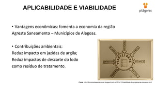 • Vantagens econômicas: fomenta a economia da região
Agreste Saneamento – Municípios de Alagoas.
• Contribuições ambientais:
Reduz impacto em jazidas de argila;
Reduz impactos de descarte do lodo
como resíduo de tratamento.
APLICABILIDADE E VIABILIDADE
Fonte: http://ferramentasparainovar.blogspot.com.br/2014/12/viabilidade-de-projetos-de-inovacao.html
 