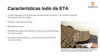 Características lodo da ETA
• O lodo originado na ETA (estação de tratamento de água), é um resíduo originado
em processo de floculação;
• Resíduo: sobra de processos;
• Descarte incorreto;
• Redução de custos com descarte e insumos para fabricação,
no caso do tijolo;
• A correta caracterização é o passo inicial para direcionar
seu uso correto.
Fonte: http://techne.pini.com.br/2018/03/agreste-saneamento-transforma-lodo-
proveniente-do-tratamento-de-agua-em-tijolo/tijolo-ecologico-lodo-2/
 