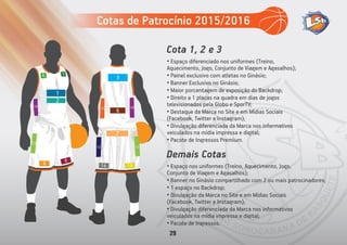 • Espaço diferenciado nos uniformes (Treino,
Aquecimento, Jogo, Conjunto de Viagem e Agasalhos);
• Painel exclusivo com atletas no Ginásio;
• Banner Exclusivo no Ginásio;
• Maior porcentagem de exposição do Backdrop;
• Direito a 1 placas na quadra em dias de jogos
televisionados pela Globo e SporTV;
• Destaque da Marca no Site e em Mídias Sociais
(Facebook, Twitter e Instagram);
• Divulgação diferenciada da Marca nos informativos
veiculados na mídia impressa e digital;
• Pacote de Ingressos Premium.
Cota 1, 2 e 3
• Espaço nos uniformes (Treino, Aquecimento, Jogo,
Conjunto de Viagem e Agasalhos);
• Banner no Ginásio compartilhado com 2 ou mais patrocinadores;
• 1 espaço no Backdrop;
• Divulgação da Marca no Site e em Mídias Sociais
(Facebook, Twitter e Instagram);
• Divulgação diferenciada da Marca nos informativos
veiculados na mídia impressa e digital;
• Pacote de Ingressos.
Demais Cotas
Cotas de Patrocínio 2015/2016
29
4
10
5
1
2
3
1011
6
13
8
9
12 13
7
1514
 