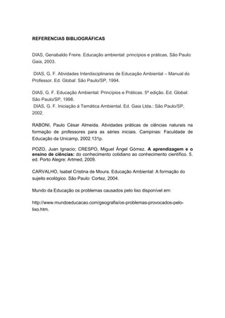 REFERENCIAS BIBLIOGRÁFICAS
DIAS, Genabaldo Freire. Educação ambiental: princípios e práticas, São Paulo:
Gaia, 2003.
DIAS, G. F. Atividades Interdisciplinares de Educação Ambiental – Manual do
Professor. Ed. Global: São Paulo/SP, 1994.
DIAS, G. F. Educação Ambiental: Princípios e Práticas. 5ª edição. Ed. Global:
São Paulo/SP, 1998.
DIAS, G. F. Iniciação à Temática Ambiental. Ed. Gaia Ltda.: São Paulo/SP,
2002.
RABONI, Paulo César Almeida. Atividades práticas de ciências naturais na
formação de professores para as séries iniciais. Campinas: Faculdade de
Educação da Unicamp, 2002.131p.
POZO, Juan Ignacio; CRESPO, Miguel Ángel Gómez. A aprendizagem e o
ensino de ciências: do conhecimento cotidiano ao conhecimento científico. 5.
ed. Porto Alegre: Artmed, 2009.
CARVALHO, Isabel Cristina de Moura. Educação Ambiental: A formação do
sujeito ecológico. São Paulo: Cortez, 2004.
Mundo da Educação os problemas causados pelo lixo disponível em:
http://www.mundoeducacao.com/geografia/os-problemas-provocados-pelo-
lixo.htm.
 