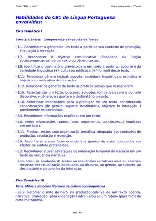 Projeto “Mãe, o mito” maio/2014 Língua portuguesas – 7os anos 
Habilidades do CBC de Língua Portuguesa 
envolvidas: 
Eixo Temático I 
Tema 1: Gêneros - Compreensão e Produção de Textos 
• 1.1. Reconhecer o gênero de um texto a partir de seu contexto de produção, 
circulação e recepção. 
• 1.7. Reconhecer o objetivo comunicativo (finalidade ou função 
sociocomunicativa) de um texto ou gênero textual. 
• 1.8. Identificar o destinatário previsto para um texto a partir do suporte e da 
variedade linguística (+/- culta) ou estilística (+/- formal) desse texto. 
• 1.11. Relacionar gênero textual, suporte, variedade linguística e estilística e 
objetivo comunicativo da interação. 
• 1.12. Relacionar os gêneros de texto às práticas sociais que os requerem. 
• 1.15. Retextualizar um texto, buscando soluções compatíveis com o domínio 
discursivo, o gênero, o suporte e o destinatário previsto. 
• 1.16. Selecionar informações para a produção de um texto, considerando 
especificações (de gênero, suporte, destinatário, objetivo da interação...) 
previamente estabelecidas. 
• 3.4. Reconhecer informações explícitas em um texto. 
• 3.5. Inferir informações (dados, fatos, argumentos, conclusões...) implícitas 
em um texto. 
• 3.11. Produzir textos com organização temática adequada aos contextos de 
produção, circulação e recepção. 
• 6.9. Reconhecer e usar focos enunciativos (pontos de vista) adequados aos 
efeitos de sentido pretendidos. 
• 8.2. Reconhecer e usar estratégias de ordenação temporal do discurso em um 
texto ou sequência narrativa. 
• 8.11. Usar, na produção de textos ou sequências narrativas orais ou escritas, 
recursos de textualização adequados ao discurso, ao gênero, ao suporte, ao 
destinatário e ao objetivo da interação. 
Eixo Temático III 
Tema: Mitos e símbolos literários na cultura contemporânea 
• 28.9. Retomar o mito do herói na produção coletiva de um texto poético, 
narrativo, dramático (para encenação teatral) e/ou de um roteiro (para filme de 
curta metragem). 
Pág. 4 de 11 
 
