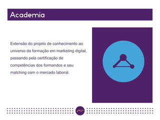 Extensão do projeto de conhecimento ao
universo da formação em marketing digital,
passando pela certificação de
competências dos formandos e seu
matching com o mercado laboral.
 