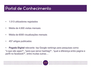 • 1.513 utilizadores registados
• Média de 4.600 visitas mensais
• Média de 6000 visualizações mensais
• 457 artigos publicados
• Pegada Digital relevante: top Google rankings para pesquisas como:
"o que são apps?“, "para que serve hashtag?“, “qual a diferença entre pagina e
perfil no facebook?”, entre muitas outras…
 