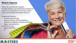 Idosos são naturalmente inseguros.
O Projeto Masters quer desenvolver produtos em
parceria com Seguradoras para trazer, a baixo
custo, uma sensação de proteção adicional.
Proposta de Produtos:
- Acompanhante de Casa
- Seguro de Óculos, Próteses Dentárias,
Aparelhos Ortopédicos, Aparelhos Auditivos
- Seguro para pequenos
consertos em casa
- Seguro Saúde Pet,
- etc.
Módulo Seguros
 