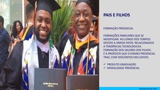 FORMAÇÃO PRESENCIAL
FORMAÇÕES FAMILIARES QUE SE
MODIFICAM AO LONGO DOS TEMPOS
DEVIDO A VÁRIOS FATOS RELACIONADOS
A TENDÊNCIAS TECNOLÓGICAS.
FORMAÇÃO DOS VALORES DOS FILHOS.
É A PROPOSTA QUE O ENSINO PRESENCIAL
TRAZ, COM DESCONTOS EXCLUSIVOS.
 PRODUTO GRADUAÇÃO
 MODALIDADE PRESENCIAL
PAIS E FILHOS
CONEXÃO MELHOR IDADE
 
