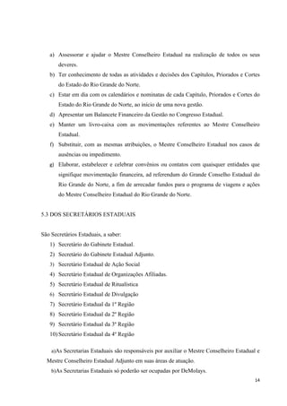 a) Assessorar e ajudar o Mestre Conselheiro Estadual na realização de todos os seus
       deveres.
   b) Ter conhecimento de todas as atividades e decisões dos Capítulos, Priorados e Cortes
       do Estado do Rio Grande do Norte.
   c) Estar em dia com os calendários e nominatas de cada Capítulo, Priorados e Cortes do
       Estado do Rio Grande do Norte, ao início de uma nova gestão.
   d) Apresentar um Balancete Financeiro da Gestão no Congresso Estadual.
   e) Manter um livro-caixa com as movimentações referentes ao Mestre Conselheiro
       Estadual.
   f) Substituir, com as mesmas atribuições, o Mestre Conselheiro Estadual nos casos de
       ausências ou impedimento.
   g) Elaborar, estabelecer e celebrar convênios ou contatos com quaisquer entidades que
       signifique movimentação financeira, ad referendum do Grande Conselho Estadual do
       Rio Grande do Norte, a fim de arrecadar fundos para o programa de viagens e ações
       do Mestre Conselheiro Estadual do Rio Grande do Norte.


5.3 DOS SECRETÁRIOS ESTADUAIS


São Secretários Estaduais, a saber:
   1) Secretário do Gabinete Estadual.
   2) Secretário do Gabinete Estadual Adjunto.
   3) Secretário Estadual de Ação Social
   4) Secretário Estadual de Organizações Afiliadas.
   5) Secretário Estadual de Ritualística
   6) Secretário Estadual de Divulgação
   7) Secretário Estadual da 1º Região
   8) Secretário Estadual da 2º Região
   9) Secretário Estadual da 3º Região
   10) Secretário Estadual da 4º Região

    a)As Secretarias Estaduais são responsáveis por auxiliar o Mestre Conselheiro Estadual e
  Mestre Conselheiro Estadual Adjunto em suas áreas de atuação.
    b)As Secretarias Estaduais só poderão ser ocupadas por DeMolays.
                                                                                          14
 