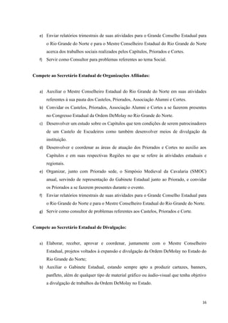 e) Enviar relatórios trimestrais de suas atividades para o Grande Conselho Estadual para
        o Rio Grande do Norte e para o Mestre Conselheiro Estadual do Rio Grande do Norte
        acerca dos trabalhos sociais realizados pelos Capítulos, Priorados e Cortes.
   f)   Servir como Consultor para problemas referentes ao tema Social.


Compete ao Secretário Estadual de Organizações Afiliadas:


   a) Auxiliar o Mestre Conselheiro Estadual do Rio Grande do Norte em suas atividades
        referentes à sua pauta dos Castelos, Priorados, Associação Alumni e Cortes.
   b) Convidar os Castelos, Priorados, Associação Alumni e Cortes a se fazerem presentes
        no Congresso Estadual da Ordem DeMolay no Rio Grande do Norte.
   c) Desenvolver um estudo sobre os Capítulos que tem condições de serem patrocinadores
        de um Castelo de Escudeiros como também desenvolver meios de divulgação da
        instituição.
   d) Desenvolver e coordenar as áreas de atuação dos Priorados e Cortes no auxilio aos
        Capítulos e em suas respectivas Regiões no que se refere às atividades estaduais e
        regionais.
   e) Organizar, junto com Priorado sede, o Simpósio Medieval da Cavalaria (SMOC)
        anual, servindo de representação do Gabinete Estadual junto ao Priorado, e convidar
        os Priorados a se fazerem presentes durante o evento.
   f)   Enviar relatórios trimestrais de suas atividades para o Grande Conselho Estadual para
        o Rio Grande do Norte e para o Mestre Conselheiro Estadual do Rio Grande do Norte.
   g) Servir como consultor de problemas referentes aos Castelos, Priorados e Corte.


Compete ao Secretário Estadual de Divulgação:


   a) Elaborar, receber, aprovar e coordenar, juntamente com o Mestre Conselheiro
        Estadual, projetos voltados à expansão e divulgação da Ordem DeMolay no Estado do
        Rio Grande do Norte;
   b) Auxiliar o Gabinete Estadual, estando sempre apto a produzir cartazes, banners,
        panfleto, além de qualquer tipo de material gráfico ou áudio-visual que tenha objetivo
        a divulgação de trabalhos da Ordem DeMolay no Estado.



                                                                                            16
 