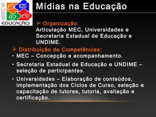  Distribuição de Competências:
• MEC – Concepção e acompanhamento.
• Secretaria Estadual de Educação e UNDIME –
seleção de participantes.
• Universidades – Elaboração de conteúdos,
implementação dos Ciclos de Curso, seleção e
capacitação de tutores, tutoria, avaliação e
certificação.
 Organização:
Articulação MEC, Universidades e
Secretaria Estadual de Educação e
UNDIME.
Mídias na Educação
 