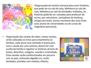 Organização das sacolas do saber, nestas sacolas, serão colocadas os livros para empréstimo às famílias, cada aluno será sorteado e levará para casa a sacola por uma semana, deverá ler com auxílio da família e registrar as histórias através de textos, desenhos, colagens, usando a criatividade. Estas sacolas serão confeccionadas em parceria com os pais, utilizando algodão cru, serão bordadas, pintadas com motivos infantis; Organização de horário semanal para ouvir histórias, que pode ser na sala de aula, biblioteca ou sala de aula, biblioteca ou sala de atividades múltiplas, (as histórias poderão ser contadas pelo professor da turma, por voluntários, contadores de histórias, amigos da escola, alunos monitores dos anos finais e/ou alunos de universidades ou de cursos de magistério-parcerias); 