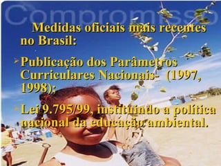 Medidas oficiais mais recentes no Brasil: Publicação dos Parâmetros Curriculares Nacionais-  (1997, 1998); Lei 9.795/99, instituindo a política nacional da educação ambiental.  