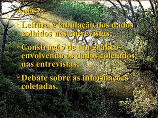Aula 2: Leitura e tabulação dos dados colhidos nas entrevistas; Construção de um gráfico envolvendo os dados coletados nas entrevistas; Debate sobre as informações coletadas. 