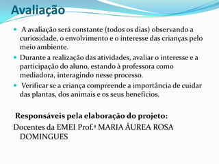 Avaliação A avaliação será constante (todos os dias) observando a curiosidade, o envolvimento e o interesse das crianças pelo meio ambiente.Durante a realização das atividades, avaliar o interesse e a participação do aluno, estando à professora como mediadora, interagindo nesse processo. Verificar se a criança compreende a importância de cuidar das plantas, dos animais e os seus benefícios. Responsáveis pela elaboração do projeto:Docentes da EMEI Prof.ª MARIA ÁUREA ROSA DOMINGUES