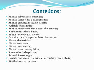 Conteúdos:Animais selvagens e domésticos; Animais vertebrados e invertebrados;Animais que andam, voam e nadam;  Animais em extinção;Animais que servem para a nossa alimentação;A importância dos animais;Insetos nocivos e não nocivos;Os vários tipos de vegetais: flores, árvores, etc. Plantas alimentícias;Plantas venenosas;Plantas ornamentais;Plantas terrestres e aquáticas;A importância das plantas;Brincadeiras com água;Contato com a terra, e nutrientes necessários para a planta;Atividades orais e escritas