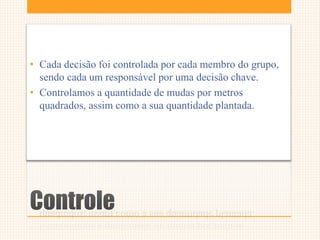 Controle
• Cada decisão foi controlada por cada membro do grupo,
sendo cada um responsável por uma decisão chave.
• Controlamos a quantidade de mudas por metros
quadrados, assim como a sua quantidade plantada.
 