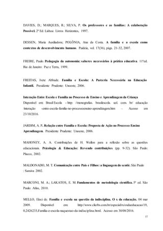 17
DAVIES, D.; MARQUES, R.; SILVA, P. Os professores e as famílias: A colaboração
Possível. 2º Ed. Lisboa: Livros Horizontes, 1997.
DESSEN, Maria Auxiliadora; POLÔNIA, Ana da Costa. A família e a escola como
contextos de desenvolvimento humano. Paideia, vol. 17(36), págs. 21-32, 2007.
FREIRE, Paulo. Pedagogia da autonomia: saberes necessários à prática educativa. 11ªed.
Rio de Janeiro: Paz e Terra, 1999.
FREITAS, Ivete Abbade. Família e Escola: A Parceria Necessária na Educação
Infantil. Presidente Prudente: Unoeste, 2006.
Interação Entre Escola e Família no Processo de Ensino e Aprendizagem da Criança
Disponível em: Brasil Escola - http: //monografias. brasilescola. uol. com. br/ educação
/interação -entre-escola-familia-no-processoensino-aprendizagem.htm – Acesso em
23/10/2016.
JARDIM, A. P. Relação entre Família e Escola: Proposta de Ação no Processo Ensino
Aprendizagem. Presidente Prudente: Unoeste, 2006.
MAHONEY, A. A. Contribuições de H. Wallon para a reflexão sobre as questões
educacionais. Psicologia & Educação: Revendo contribuições (pp. 9-32). São Paulo:
Placco, 2002.
MALDONADO, M. T. Comunicação entre Pais e Filhos: a linguagem do sentir. São Paulo
: Saraiva 2002.
MARCONI, M. A.; LAKATOS, E. M. Fundamentos de metodologia científica. 5ª ed. São
Paulo: Atlas, 2010.
MELLO, Eloci de. Família e escola na questão da indisciplina. O x da educação. 04 mar
2009. Disponível em: http://www.clicrbs.com.br/especial/rs/oxdaeducacao/19,
0,2426233,Familia-e-escola-naquestao-da-indisciplina.html. Acesso em 30/08/2016.
 
