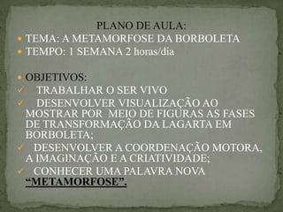 PLANO DE AULA:
 TEMA: A METAMORFOSE DA BORBOLETA
 TEMPO: 1 SEMANA 2 horas/dia

 OBJETIVOS:
 TRABALHAR O SER VIVO
 DESENVOLVER VISUALIZAÇÃO AO
 MOSTRAR POR MEIO DE FIGURAS AS FASES
 DE TRANSFORMAÇÃO DA LAGARTA EM
 BORBOLETA;
 DESENVOLVER A COORDENAÇÃO MOTORA,
 A IMAGINAÇÃO E A CRIATIVIDADE;
 CONHECER UMA PALAVRA NOVA
 “METAMORFOSE”.
 