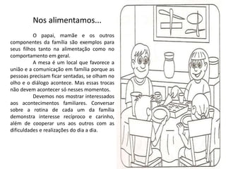 Nos alimentamos...
O papai, mamãe e os outros
componentes da família são exemplos para
seus filhos tanto na alimentação como no
comportamento em geral.
A mesa é um local que favorece a
união e a comunicação em família porque as
pessoas precisam ficar sentadas, se olham no
olho e o diálogo acontece. Mas essas trocas
não devem acontecer só nesses momentos.
Devemos nos mostrar interessados
aos acontecimentos familiares. Conversar
sobre a rotina de cada um da família
demonstra interesse recíproco e carinho,
além de cooperar uns aos outros com as
dificuldades e realizações do dia a dia.
14
 