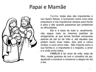 Papai e Mamãe
Família, todas elas são importantes e
nos fazem felizes, e funcionam como uma mola
propulsora a nos impulsionar sempre para frente
e para o alto quando passamos por problemas
ou dificuldades.
Ela é a base de tudo e, atualmente,
não segue mais os mesmos padrões de
antigamente, já que temos famílias compostas
apenas de pai ou de mãe e, até aquelas que
podem haver duas mães, dois pais e vários
irmãos, a vovó como mãe... Não importa como a
sua família é, o importante é o respeito, o amor
e a união entre todos.
FAMÍLIA é ter amor de mãe, beijo de
filho, risada gostosa de avó e conselho de pai,
ajudando a construir e conservar a alegria do dia
a dia.
4
 