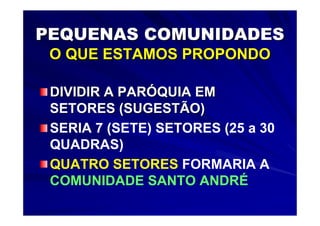 PEQUENAS COMUNIDADES
 O QUE ESTAMOS PROPONDO

 DIVIDIR A PARÓQUIA EM
 SETORES (SUGESTÃO)
 SERIA 7 (SETE) SETORES (25 a 30
 QUADRAS)
 QUATRO SETORES FORMARIA A
 COMUNIDADE SANTO ANDRÉ
 